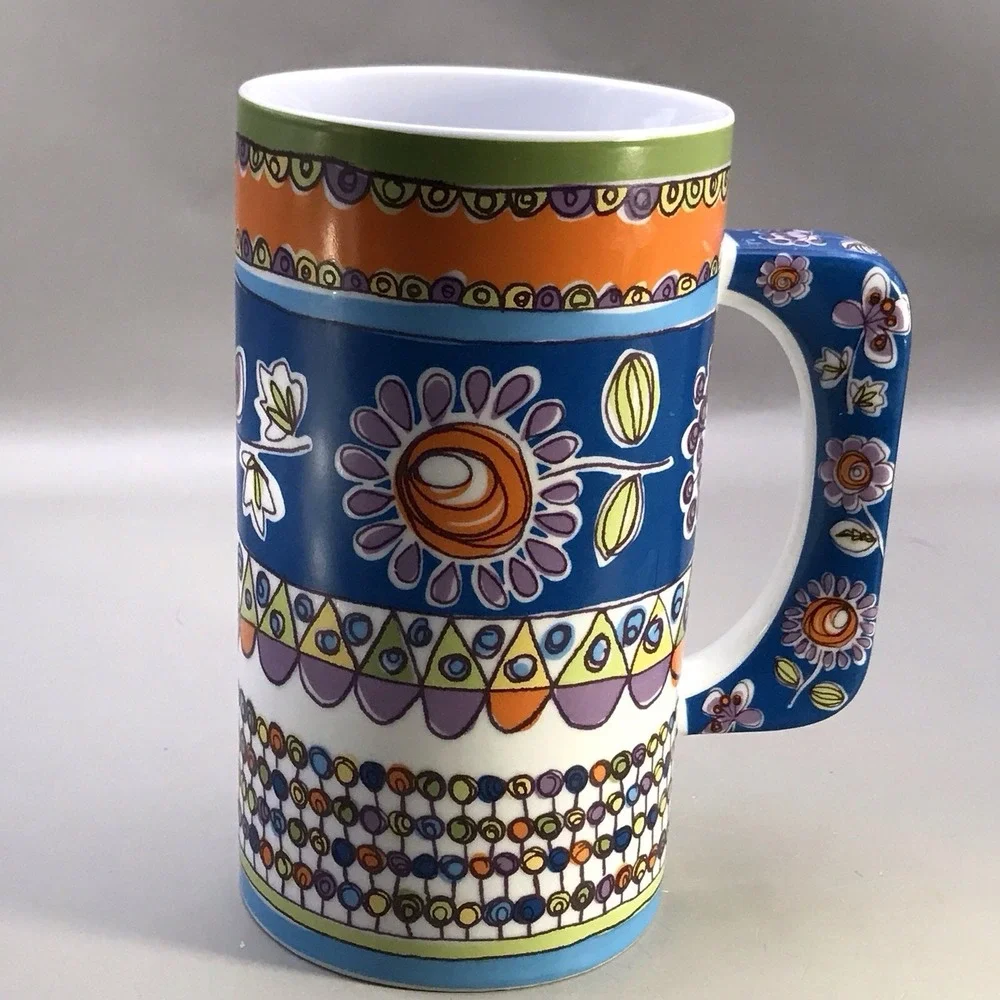 Rare Pier 1 Porcelain‎ Mug Colorful Floral Blue Orange Purple Green 6